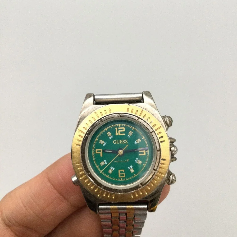 Vintage Guess Womens Watch 30mm Green Dial Two Tone Indiglo New Battery 6.75